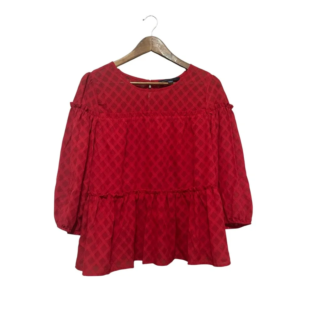 Tommy Hilfiger Women Red Diamond Textured Peplum Blouse‎ Top Size L